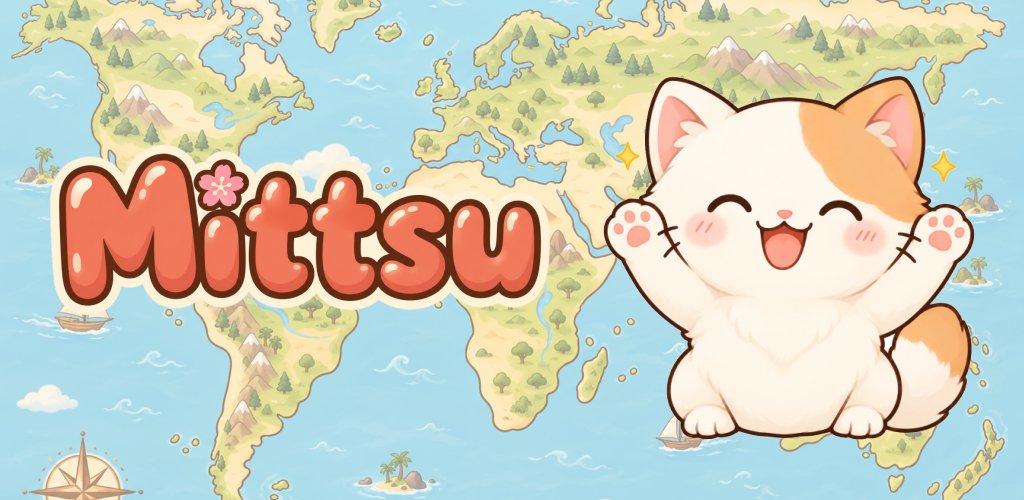 Mittsu the cat cheering over a map of the world